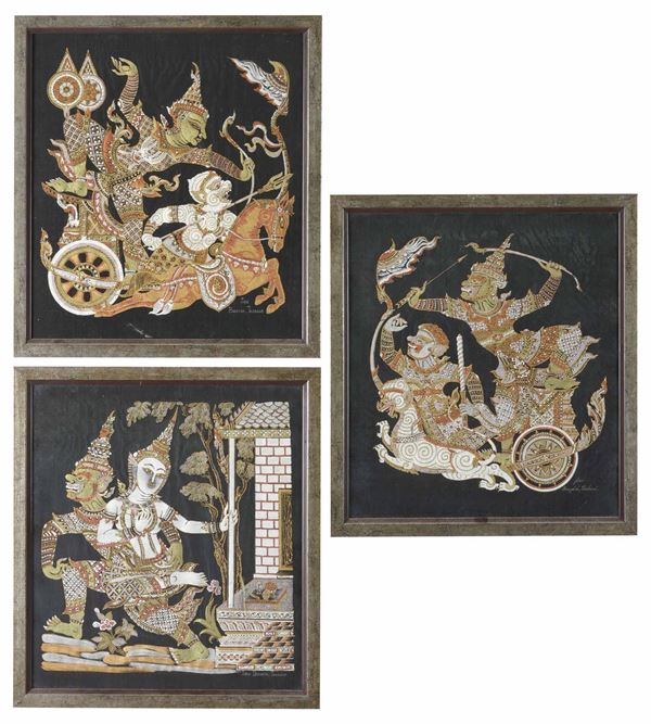 Lotto composto da tre dipinti su stoffa raffiguranti divinità, India, XX secolo