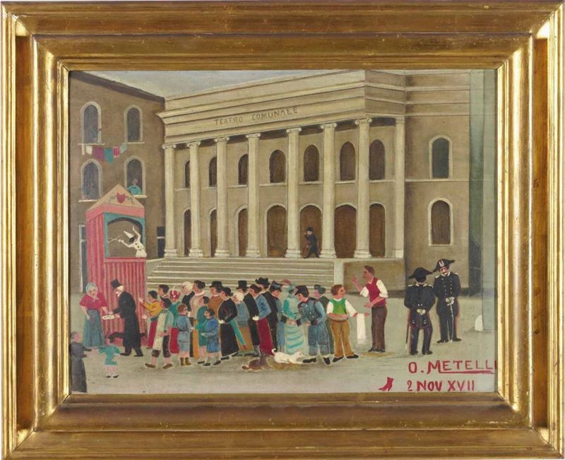 Orneore Metelli : Spettacolo marionette  - olio su tavola - Asta Dipinti del XIX-XX secolo - Cambi Casa d'Aste