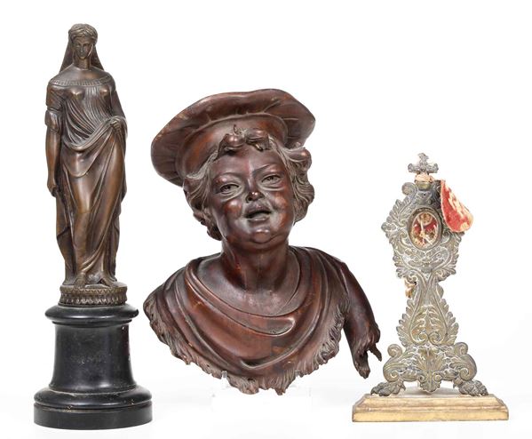 Scultura in rame, busto in legno e reliquiario in metallo
