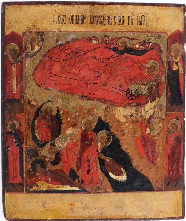 Icona ad olio su tavola raffigurante scene della vita del profeta Elia. Scuola russa del XIX-XX secolo