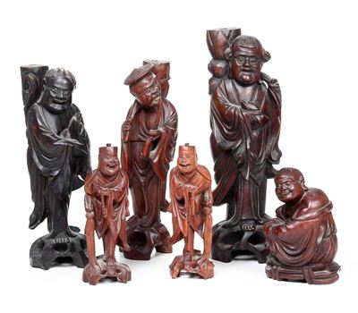 Arte orientale, Sei figure in legno intagliato, Cina, XX secolo