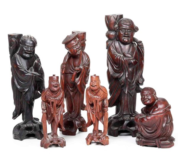 Sei figure in legno intagliato, Cina, XX secolo