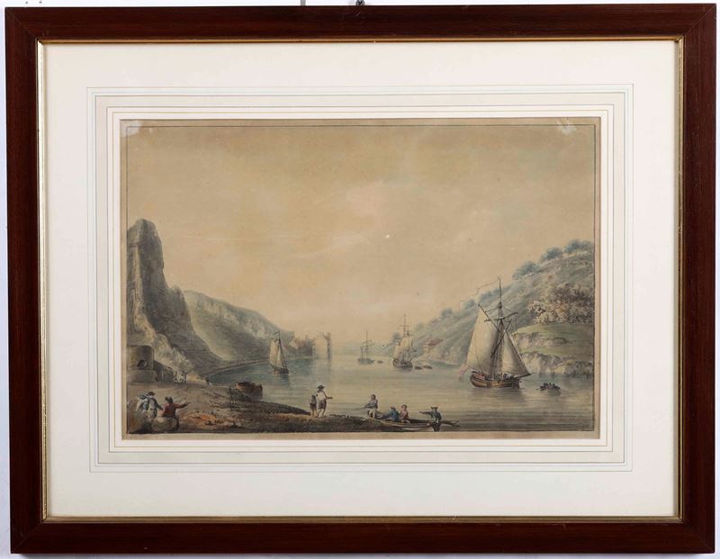 N. Pococic (XVIII-XIX secolo) Veduta con approdo e imbarcazioni  - acquerello su carta - Auction 19th Century Paintings - Cambi Casa d'Aste