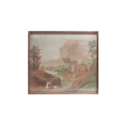 Scuola del XIX Secolo Paesaggio Fluviale con Figure e Architetture sullo Sfondo