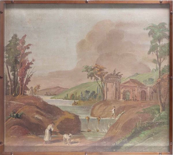 Scuola del XIX secolo Paesaggio fluviale con figure e architetture sullo sfondo