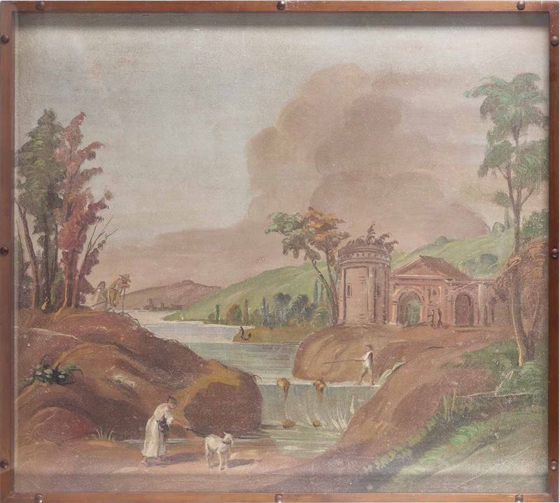 Scuola del XIX secolo Paesaggio fluviale con figure e architetture sullo sfondo  - stacco d'affresco - Auction Old Masters | Cambi Time - Cambi Casa d'Aste