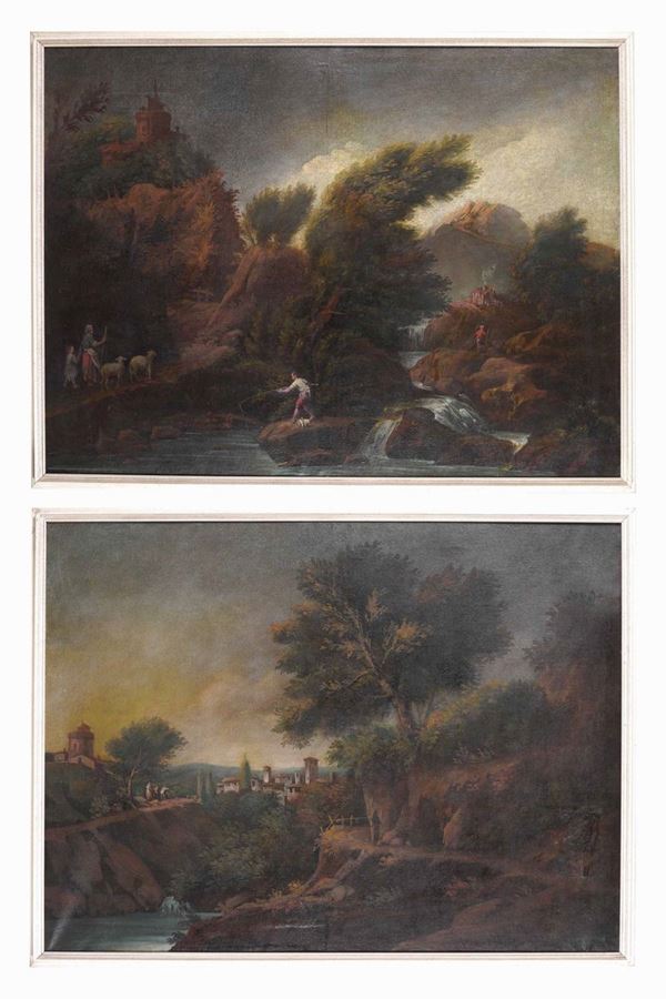 Scuola del XVIII-XIX secolo Paesaggi con figure in riva al fiume