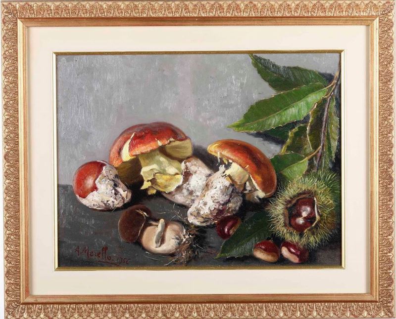 Amedeo Merello : Funghi  - olio tavoletta - Asta Dipinti del XIX-XX secolo - Cambi Casa d'Aste