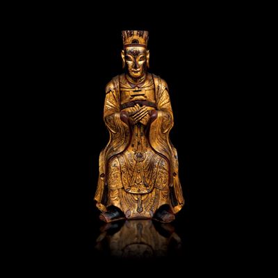Importante Figura di Dignitario in Legno Laccato e Dorato, Cina, Canton, Dinastia Qing, Prima Met...