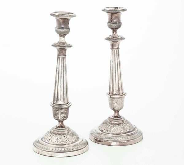 Coppia di candelieri in argento, Roma XIX secolo, argentiere Angelo Giannotti (1824-1865)