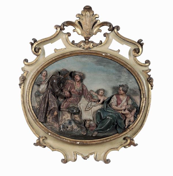 Serie di quattro placche ovali in terracotta a rilievo dipinta con scene bucoliche. Bologna XVIII sec [..]