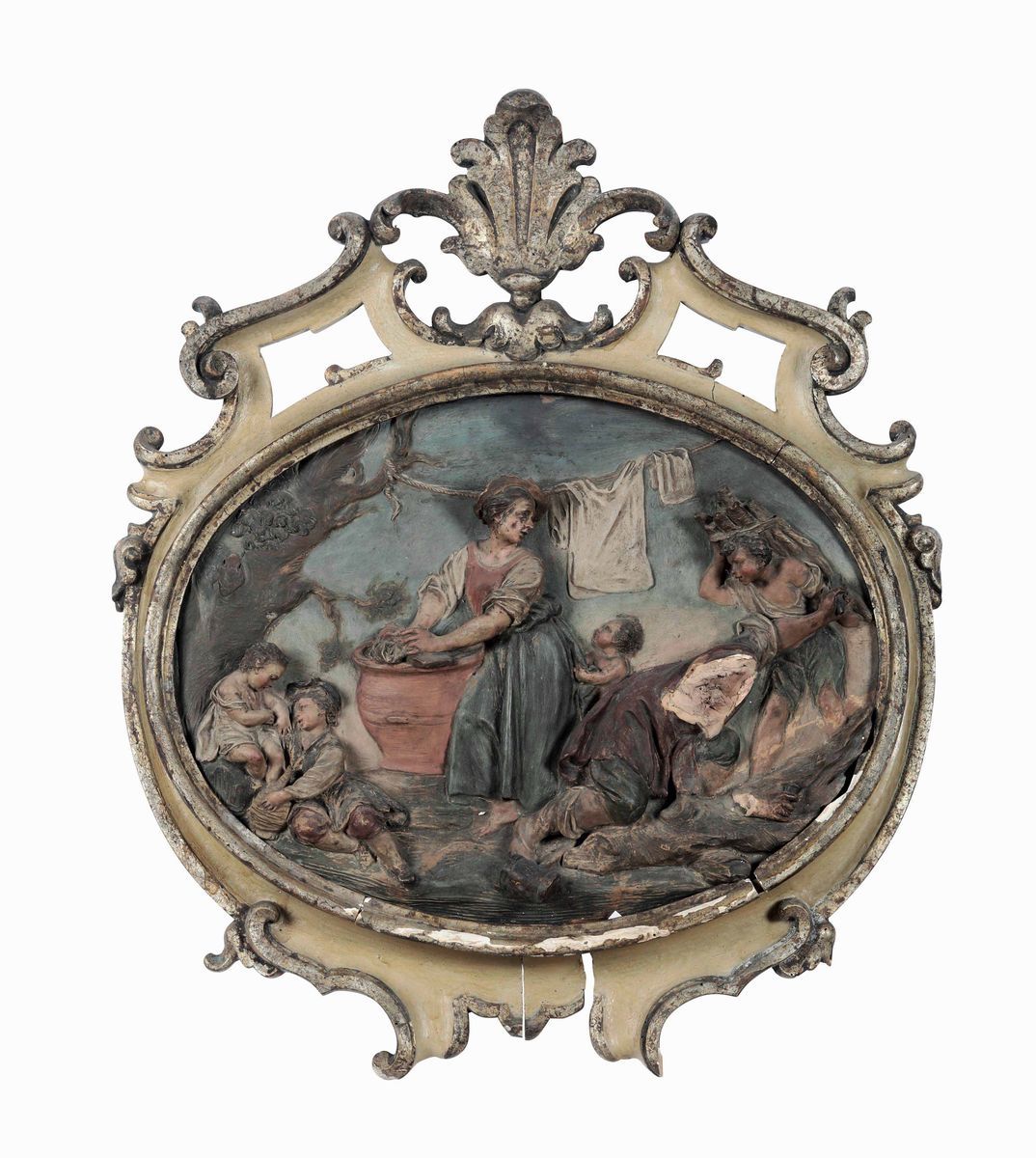 Serie di Quattro Placche Ovali in Terracotta a Rilievo Dipinta con Scene Bucoliche. Bologna XVIII...