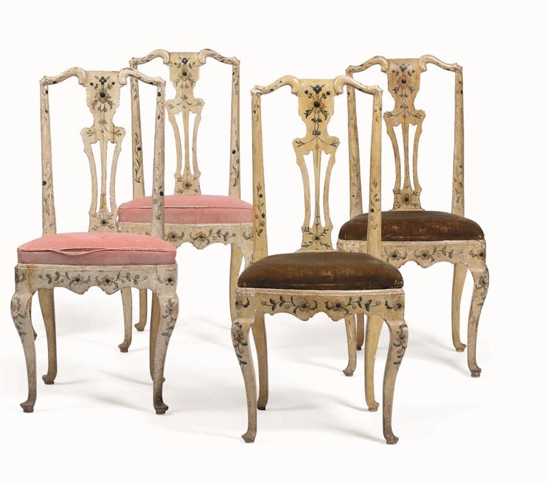 Quattro sedie in legno laccato. Veneto XVIII secolo  - Auction Italian Mansions - Cambi Casa d'Aste