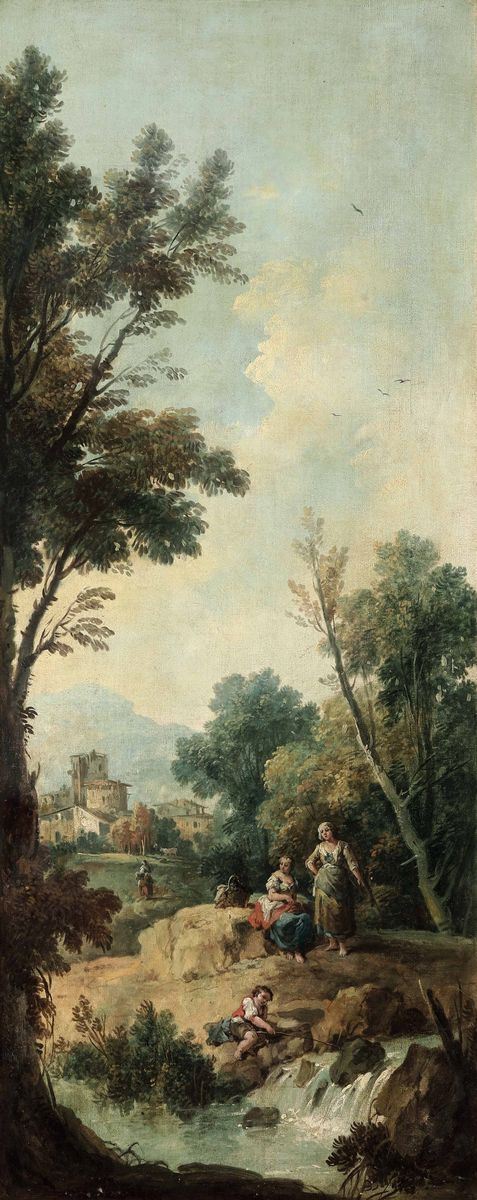 Giuseppe Zais : Paesaggio arcadico con contadine  - olio su tela - Asta Old Masters - Cambi Casa d'Aste