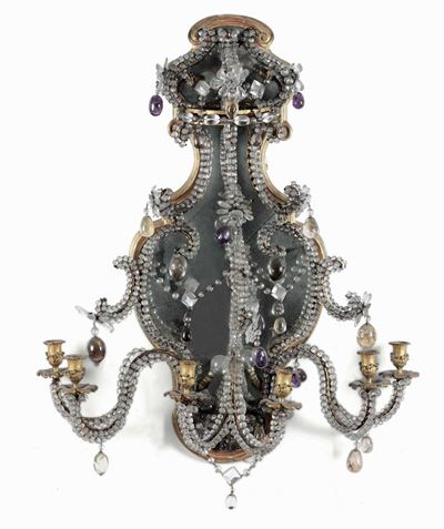 Coppia di Grandi Lumiere da Parete a Quattro Luci in Cristallo di Rocca, Quarzo Viola, Ametista e...