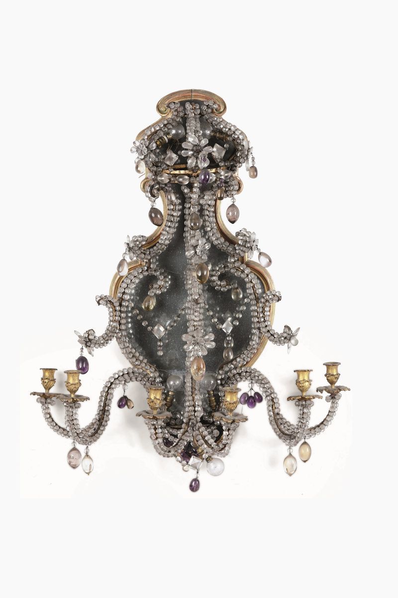 Coppia di Grandi Lumiere da Parete a Quattro Luci in Cristallo di Rocca, Quarzo Viola, Ametista e...