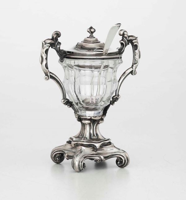 Senapiera in argento e vetro. Argenteria francese del XIX secolo