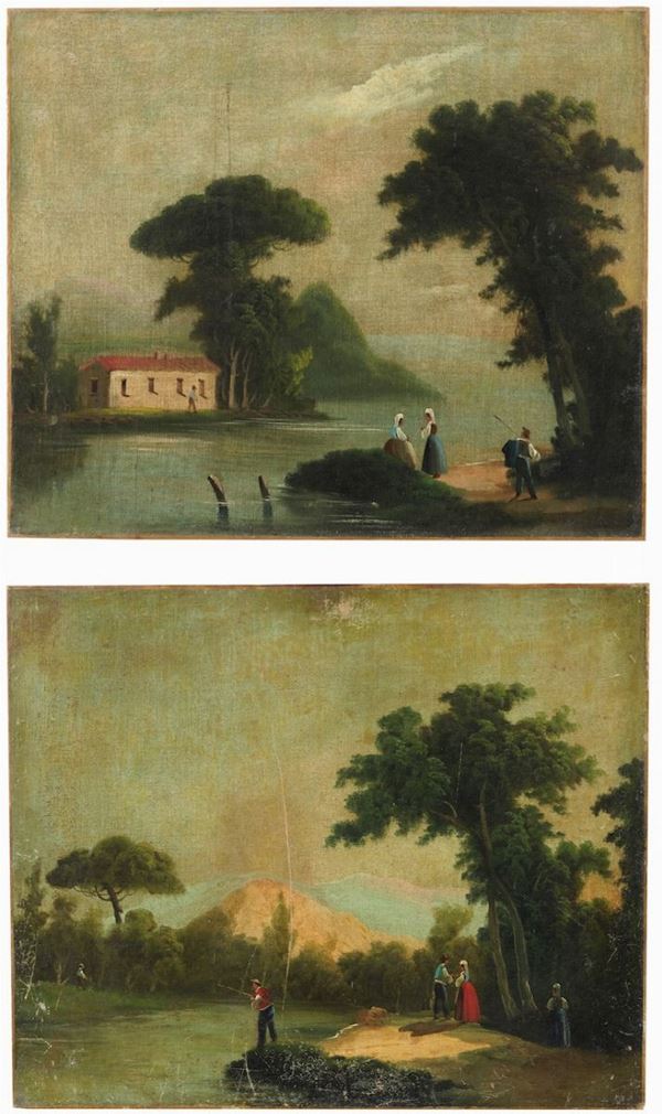 Scuola del XIX secolo Paesaggi fluviali con personaggi