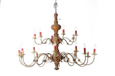 Lampadario in Legno e Metallo a Diciotto Luci su Due Ordini
