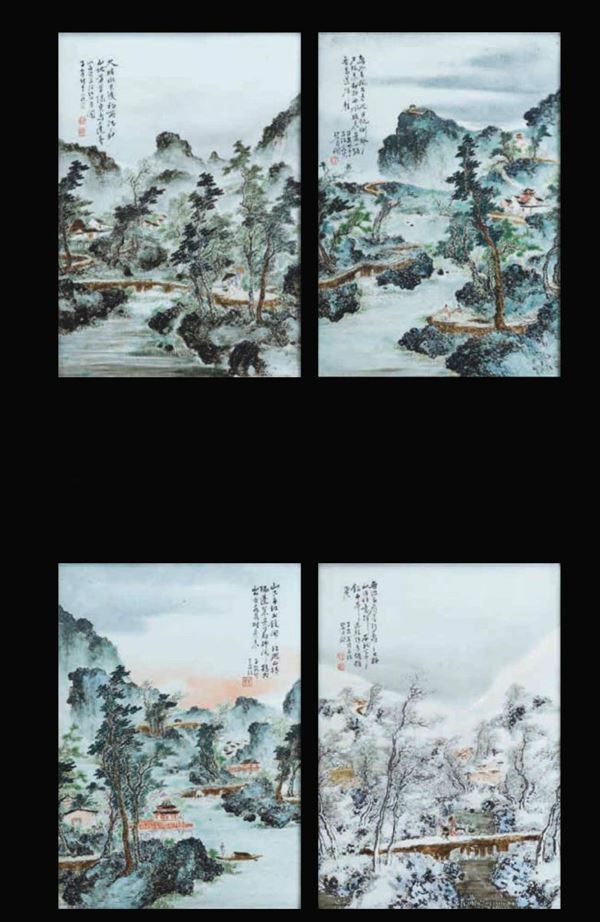 Placche in porcellana raffiguranti le quattro stagioni con iscrizioni, Cina, Repubblica, XX secolo