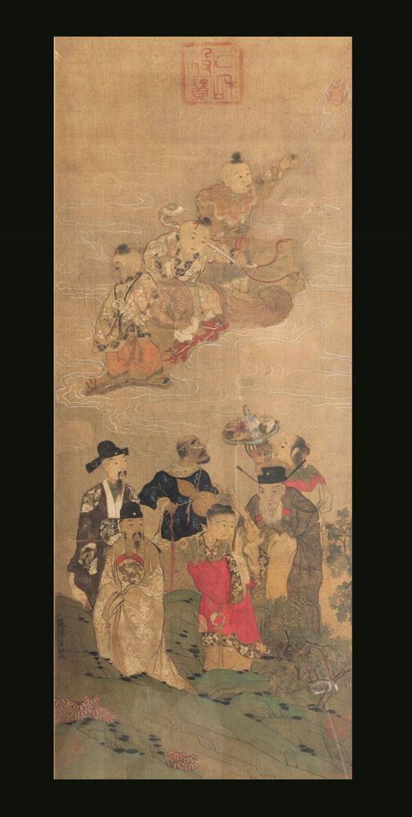 Dipinto su seta raffigurante saggi e discepoli entro paesaggio con iscrizione, Cina, Dinastia Qing, XIX secolo