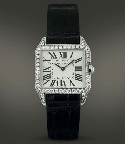 Cartier - Santos Dumont in Oro Bianco 18 Kt e Diamanti, Quadrante Argentè Numeri Romani, Moviment...