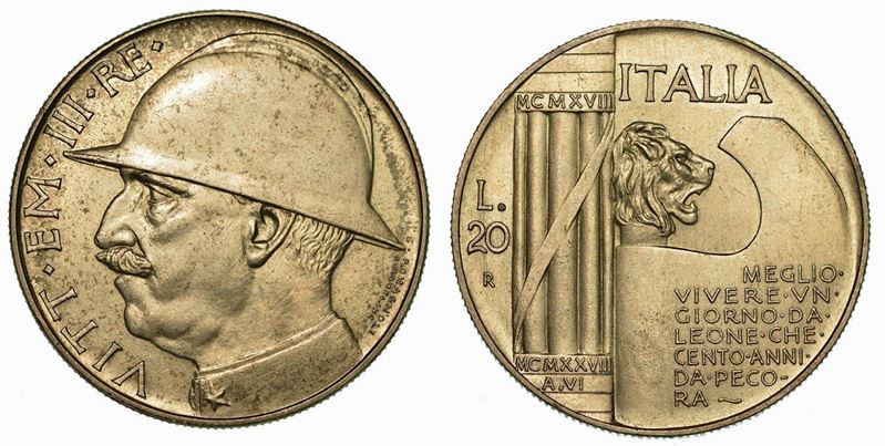 REGNO D'ITALIA. VITTORIO EMANUELE III DI SAVOIA, 1900-1946. 20 Lire 1928/A. VI. Elmetto.  - Auction Numismatics - Cambi Casa d'Aste