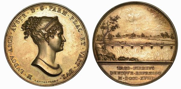 MARIA LUIGIA D'AUSTRIA, 1815-1847. PONTE SUL FIUME TARO. Medaglia in argento 1818.