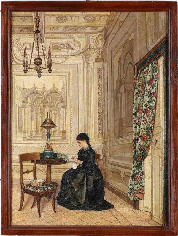 Anonimo del XIX secolo Figura femminile in un interno