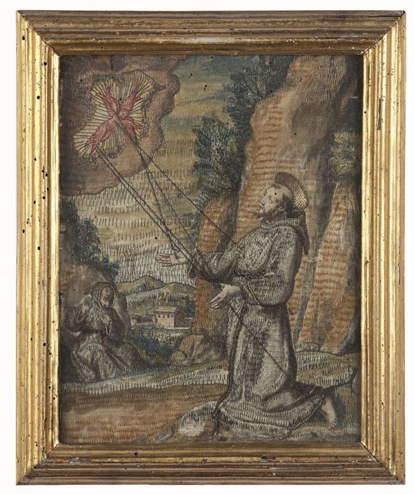 Antico ricamo, XVII secolo San Francesco che riceve le stigmate al santuario della Verna