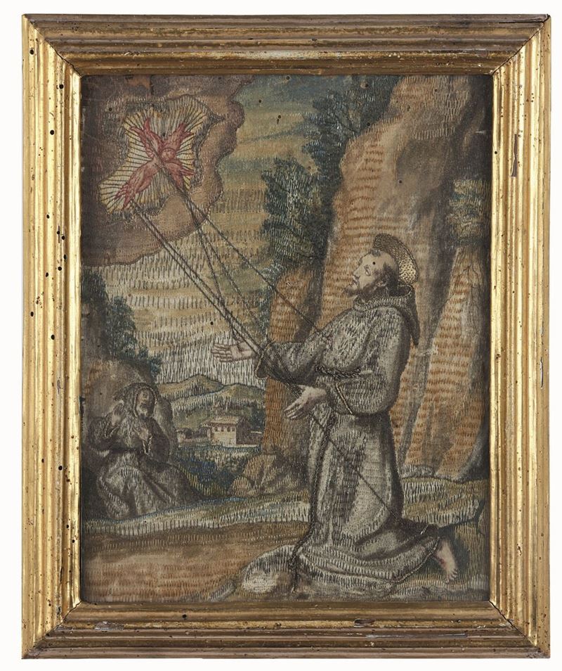 Antico ricamo, XVII secolo San Francesco che riceve le stigmate al santuario della Verna  - Auction Italian Mansions - Cambi Casa d'Aste