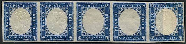 1863, Regno d’Italia, 15 cent. Matraire, striscia di cinque esemplari.