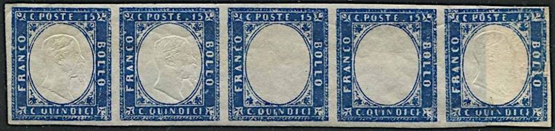 1863, Regno d’Italia, 15 cent. Matraire, striscia di cinque esemplari.  - Asta Filatelia e Storia Postale - Cambi Casa d'Aste