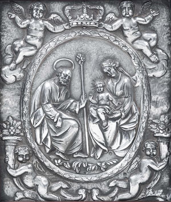 Sacra Famiglia. Placca in argento sbalzato e cesellato. Genova XIX secolo, marchi con croce mauriziana e delfino