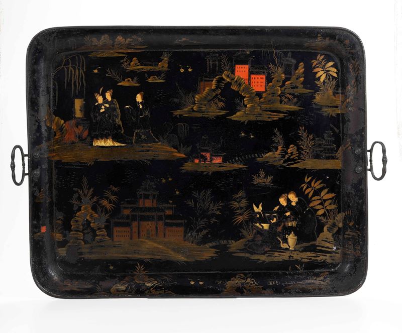Vassoio in legno laccato con paesaggi e figure, Cina, Dinastia Qing, XIX secolo  - Asta Asian Art - Cambi Casa d'Aste
