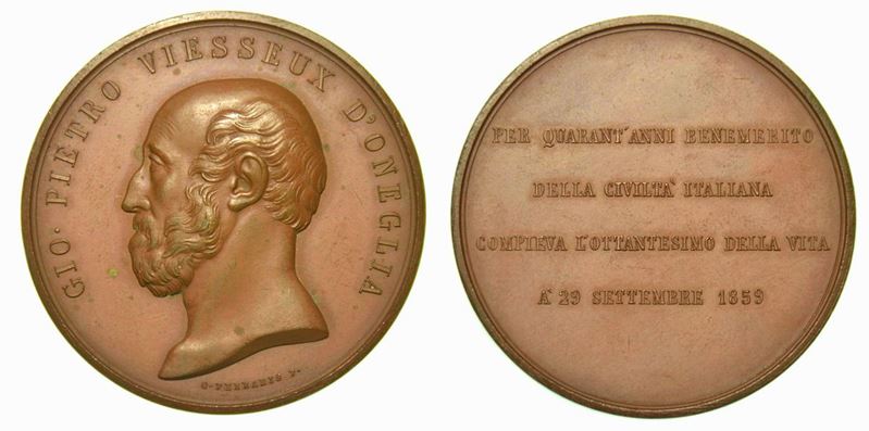 ONEGLIA. La Città a G. Pietro Viesseux per il suo ottantesimo compleanno. Medaglia in bronzo 1859.  - Auction Numismatics - Cambi Casa d'Aste