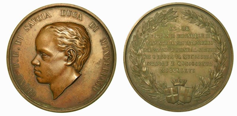 GENOVA. Morte del principe Odone di Savoia duca di Monferrato. Medaglia in bronzo 1866.  - Auction Numismatics - Cambi Casa d'Aste