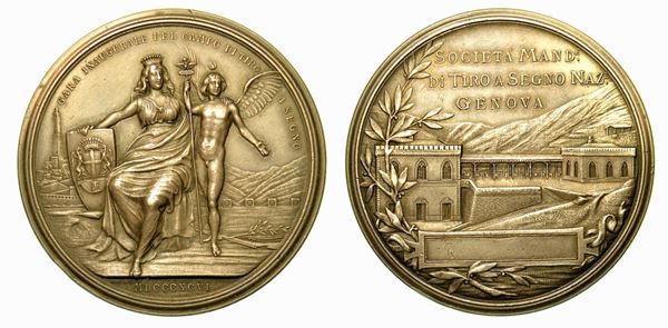 GENOVA. Società di tiro a segno Genova. Gara inaugurale del campo di tiro a segno. Medaglia in argento 1896.