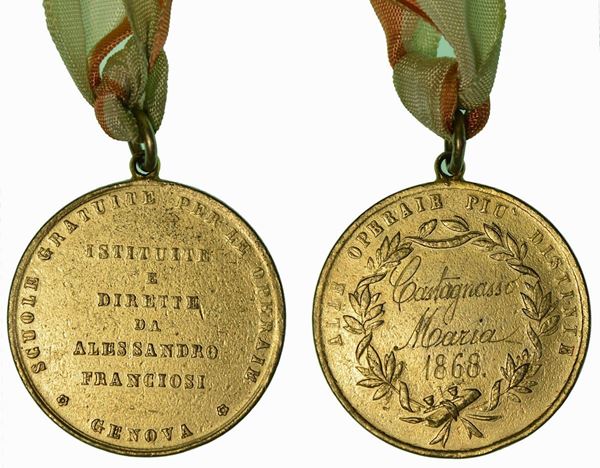 GENOVA. Scuole gratuite per le operaie istituite e dirette da Alessandro Franciosi. Medaglia premio in bronzo dorato assegnata a Castagnasso Maria 1868.