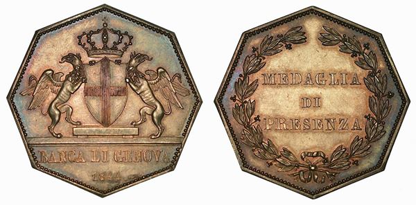 GENOVA. Banca di Genova. Medaglia ottagonale di presenza in argento 1844.