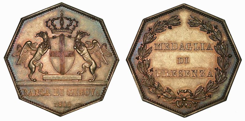 GENOVA. Banca di Genova. Medaglia ottagonale di presenza in argento 1844.  - Auction Numismatics - Cambi Casa d'Aste