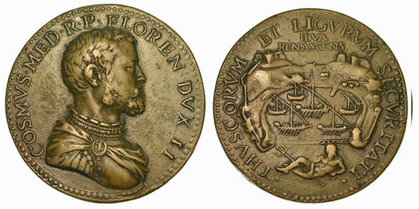 FIRENZE. Cosimo I de' Medici, 1519-1574. Fortificazione del porto di Porto Ferrario a difesa di Toscana e Liguria. Medaglia in bronzo.