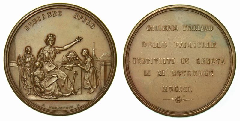 GENOVA. Collegio Italiano delle Fanciulle. Medaglia in bronzo 1850.  - Auction Numismatics - Cambi Casa d'Aste