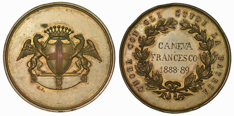 GENOVA. Scuola G. Chiabrera. Medaglia premio in bronzo assegnata a Caneva Francesco 1888-1889.  - Auction Numismatics - Cambi Casa d'Aste