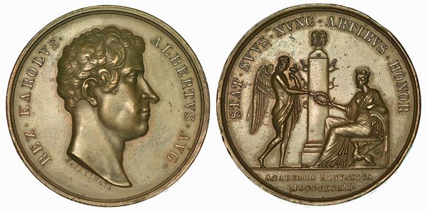 GENOVA. Carlo Alberto di Savoia, 1831-1848. Istituzione dell'Accademia Ligustica di Belle Arti. Medaglia in bronzo 1831.