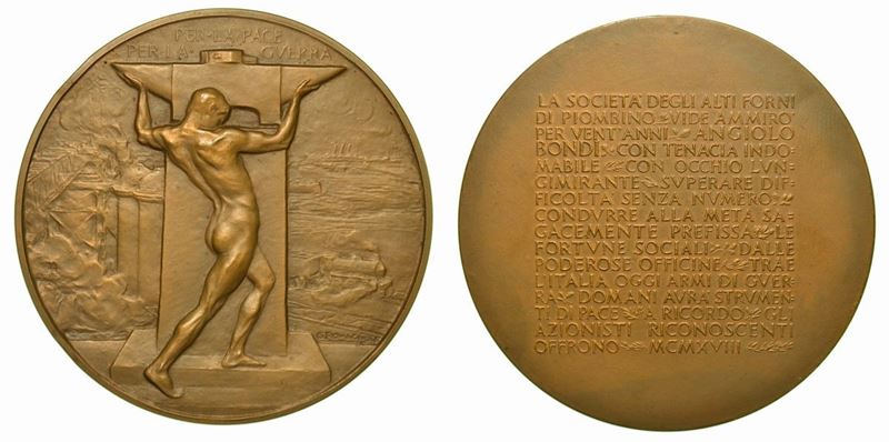 PIOMBINO. Ad Angiolo Bondi, Società degli Altoforni. Medaglia in bronzo 1918.  - Auction Numismatics - Cambi Casa d'Aste
