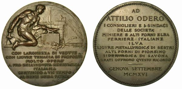 GENOVA. Ad Attilio Odero le industri siderurgiche liguri e toscane. Medaglia in bronzo 1916.