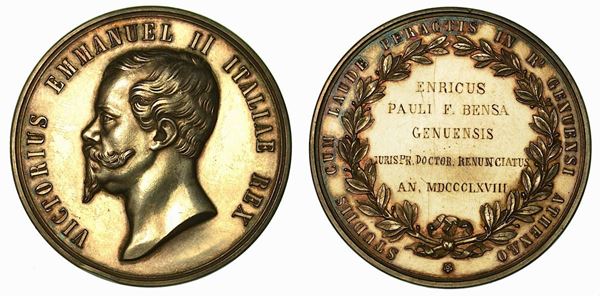 GENOVA. Vittorio Emanuele II di Savoia, 1849-1878. Università di Genova. Medaglia premio in argento 1868 assegnata a Enrico Paolo Bensa.
