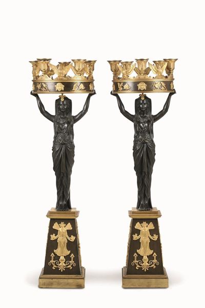 Coppia Grandi di Candelabri "retour D’egypte" in Bronzo Dorato e Patinato. Toscana XIX Secolo