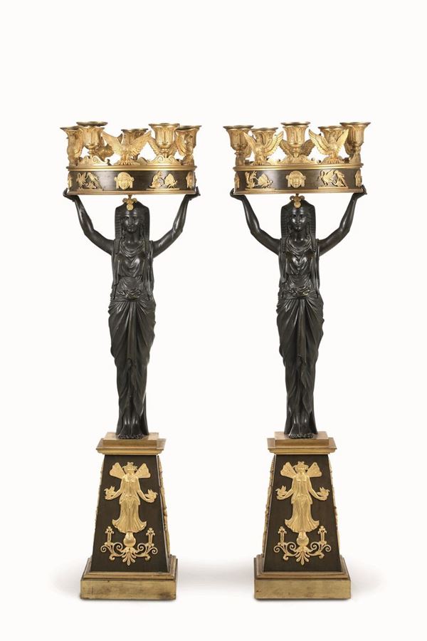 Coppia grandi di candelabri "Retour d’Egypte" in bronzo dorato e patinato. Toscana XIX secolo